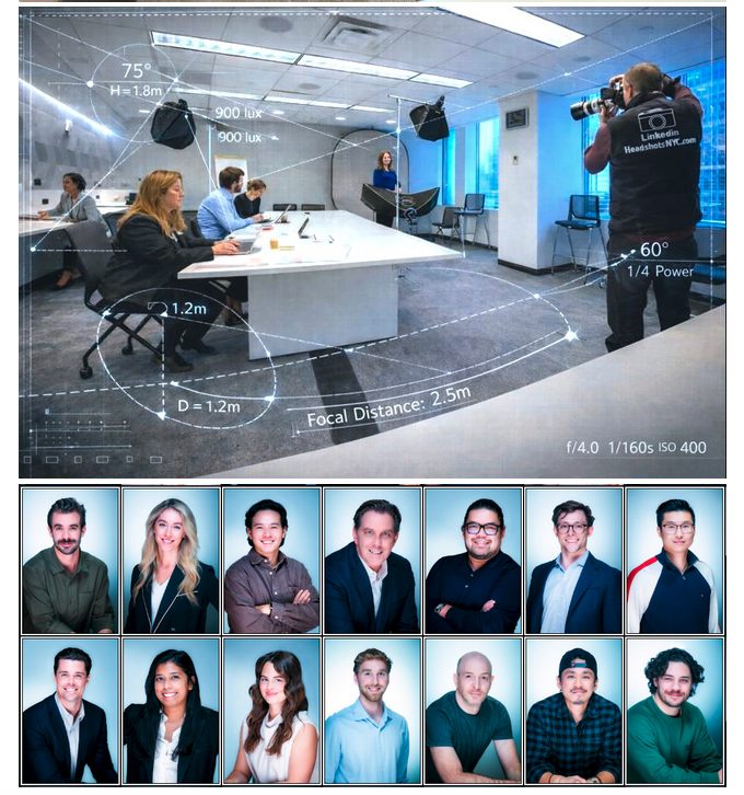 On-site corporate business event headshots of employees photographed in a professional workplace setting in New York City, showcasing modern company branding and polished team portraits.